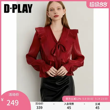 DPLAY2025年秋季新款红色衬衫女荷叶边蝴蝶结系带设计上衣衬衣商品大图
