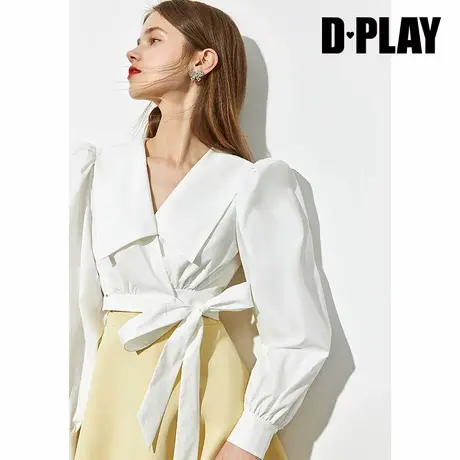 DPLAY德帕拉夏季新款法式复古大翻领长袖衬衫绑带时髦短上衣商品大图