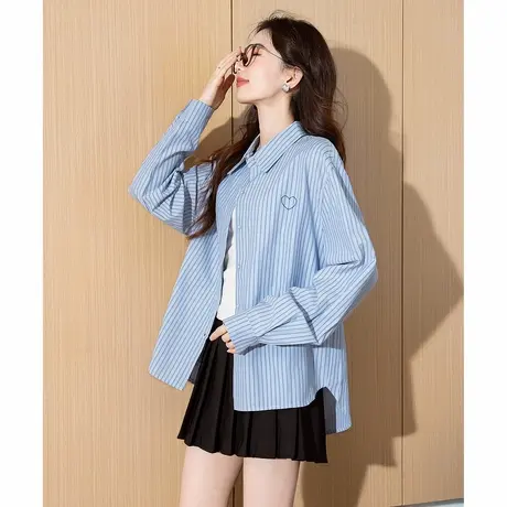 唐狮春季新款女衬衫条纹爱心蓝色长袖设计感简约通勤上衣外套TM图片