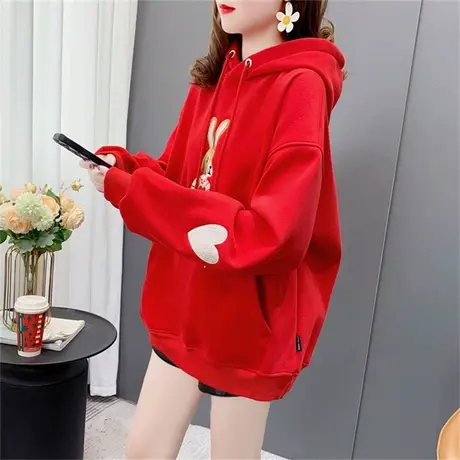 中国风新年红色连帽卫衣女加绒加厚2022新款秋冬宽松洋气时尚外套商品大图