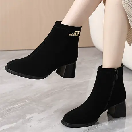 时尚靴子中跟2023大码女靴41一43秋季新款爆款粗跟磨沙皮软底短靴商品大图