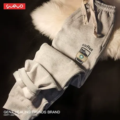 悦游 猫巴克狗啤酒 长裤男冬季黑猫萨摩宽松束脚加绒情侣休闲裤商品大图