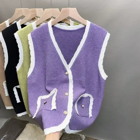 2023新款马甲V领拼色针织背心女坎肩上衣春秋造型感叠穿无袖开衫商品大图