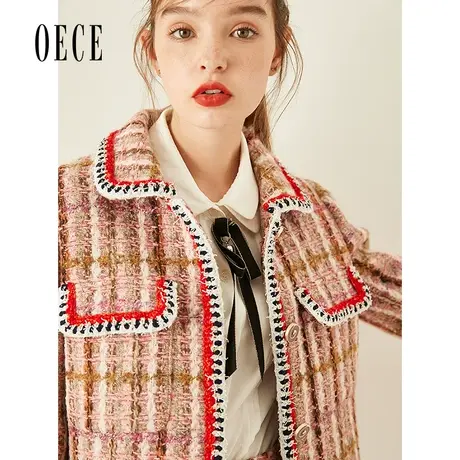 Oece秋冬新款女装 小香风甜美复古优雅小个子短款毛呢外套图片