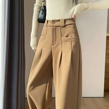 秋冬毛呢阔腿裤女加绒高腰2023新款宽松加厚保暖休闲裤直筒拖地裤商品大图