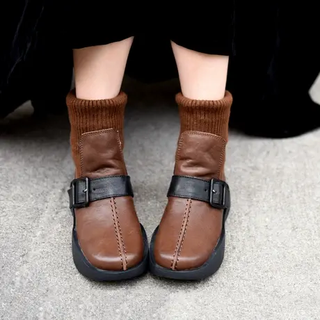 Artmu阿木原创厚底弹力靴针织筒袜子靴皮带扣短靴真皮女靴子新款商品大图