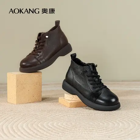 奥康女鞋 冬季新款真皮短靴单靴百搭中筒保暖英伦风马丁靴商品大图