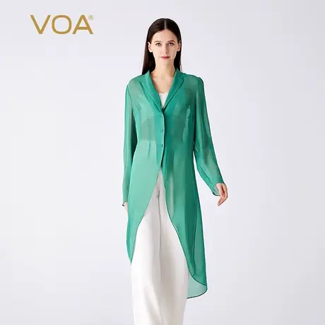 VOA桑蚕丝乔其纱灰绿V领长袖三粒扣直筒外套宽松百搭真丝风衣图片