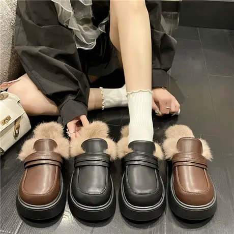 厚底毛毛拖鞋女外穿2023秋冬新款复古高级感半托小皮鞋包头乐福鞋商品大图