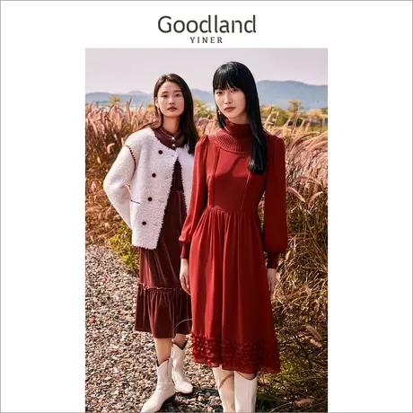 Goodland美地女装冬季高领长袖气质收腰公主连衣裙图片