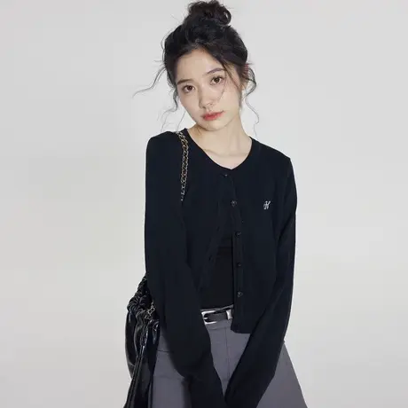 尔给早秋新款女装2023短款黑色针织衫开衫女薄款宽松长袖上衣外套商品大图