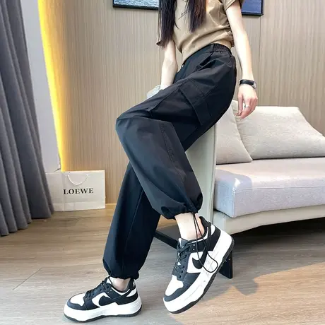美式黑色工装裤女春秋新款高腰直筒休闲设计感速干阔腿束脚运动裤商品大图