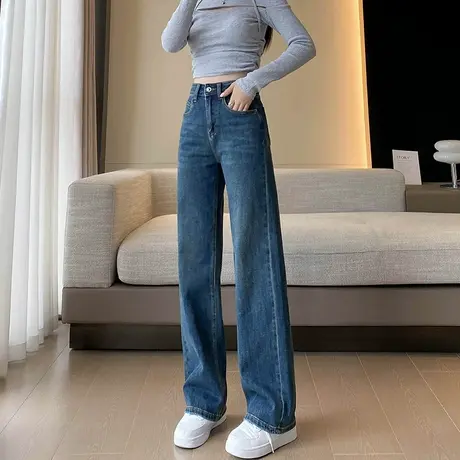 复古高腰窄版阔腿牛仔裤女2024年秋季新款直筒宽松显瘦垂感拖地裤商品大图