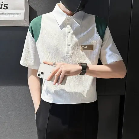 夏季时尚休闲拼接撞色设计感新款2023夏天五分短袖衬衫中袖POLO衫商品大图