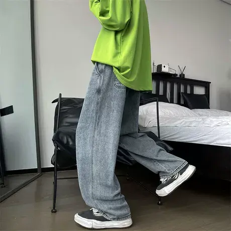 牛仔裤男秋冬季纯色休闲直筒阔腿宽松高街ins潮牌水洗拖地长裤子商品大图