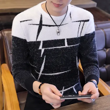 秋冬装韩版圆领男士毛衣修身打底衫针织衫海马毛青年加厚线衣保暖商品大图