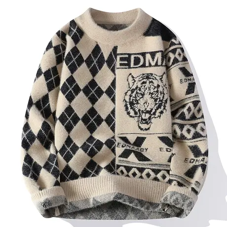 格子水貂绒针织衫男士潮流提花加厚青少年学生毛衣秋冬季男士线衣商品大图