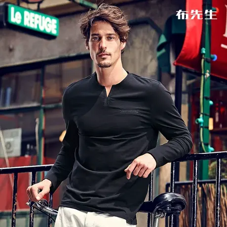 MrBu布先生口袋长袖T恤打底衫潮流纯色Y形圆领男上衣抗皱长袖t恤商品大图