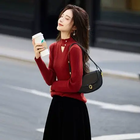 时尚气质毛衣2023年冬季新款女百搭镂空修身温柔知性针织内搭上衣商品大图