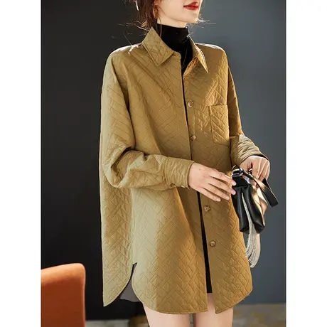 宝诗黎纯色翻领春季长袖薄外套女宽松衬衫中长款外搭上衣2024新款商品大图