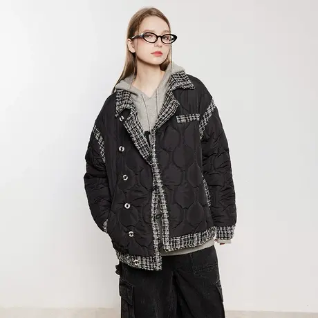 拼接小香风棉服女夹棉冬季外套2023新款格子潮牌复古菱格绗棉棉衣商品大图