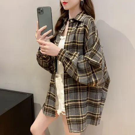中长款长袖格子衬衫女2023夏装新款宽松薄款防晒上衣洋气ins慵懒商品大图