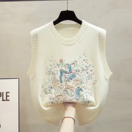 刺绣圆领针织马甲背心女2025春秋新款宽松外穿马夹叠穿毛衣坎肩潮商品大图