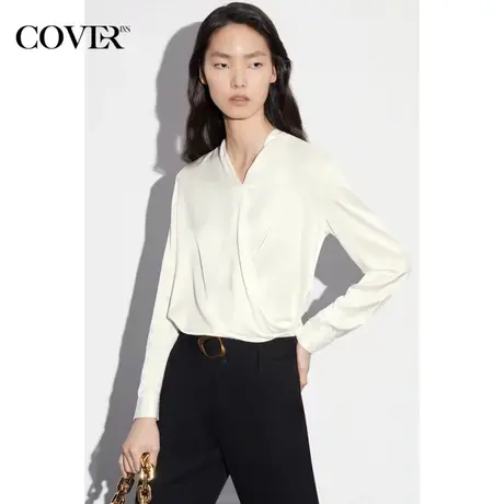 COVER春季v领交叠罗马褶桑蚕丝衬衫图片