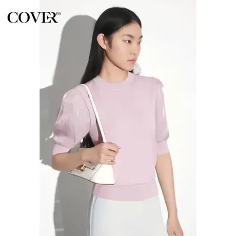COVER夏季拼接琉璃纱泡泡袖针织毛衫图片
