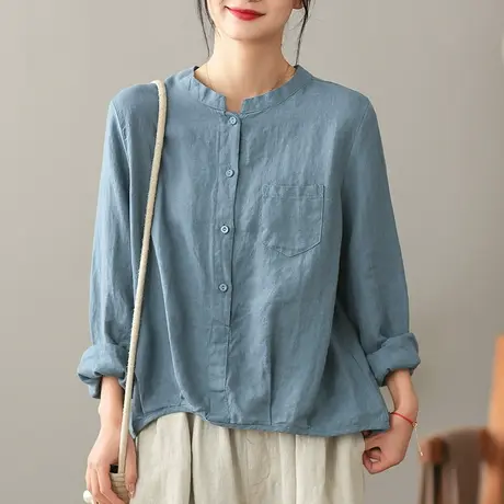 dza 文艺复古纯亚麻衬衫女士2023春新款套头衬衣气质漂亮棉麻上衣图片