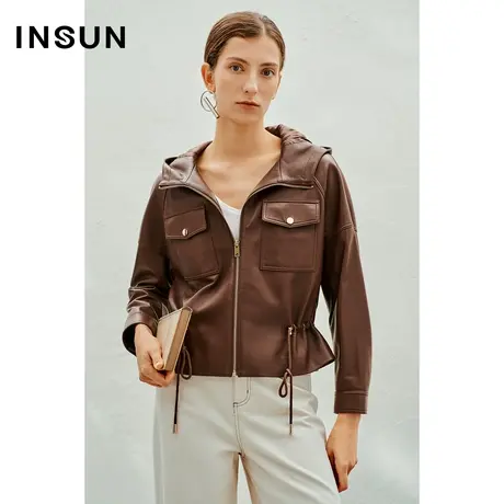INSUN恩裳线上专选春季羊皮皮衣连帽美拉德外套图片