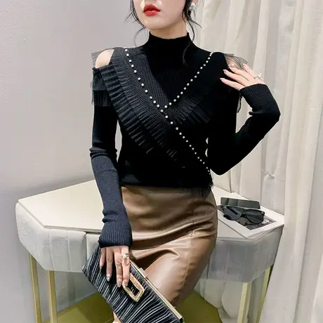 半高领花边交叉拼接针织衫女长袖性感镂空烫钻上衣洋气套头打底衫商品大图