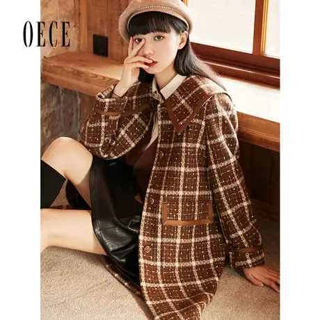 Oece复古格子毛呢外套冬新款女韩版中长款修身呢大衣商品大图