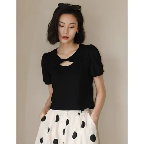 弥古黑色泡泡袖上衣设计感女小众法式夏冰丝短袖针织棉t恤高级感商品大图