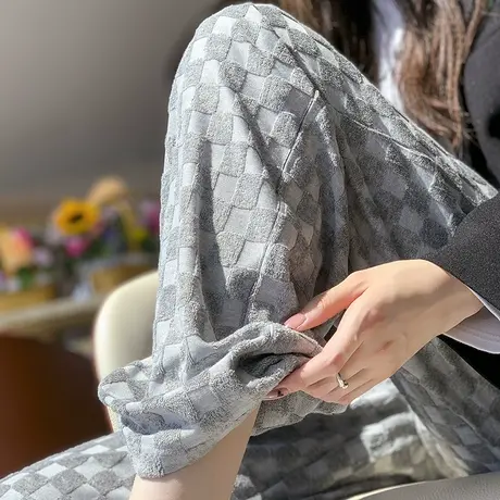 棋盘格阔腿裤女垂感拖地裤春秋新款高腰灰色毛巾裤宽松休闲直筒裤商品大图