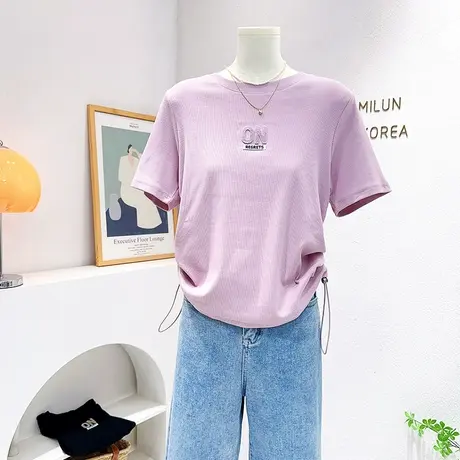 高品质螺纹纯棉短袖上衣2023夏款ins韩版纯色字母抽绳短款正肩T恤商品大图