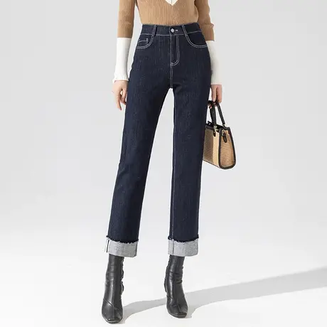 翻边直筒牛仔裤女2024年新款高腰卷边春秋裤子九分烟管裤秋季女裤商品大图
