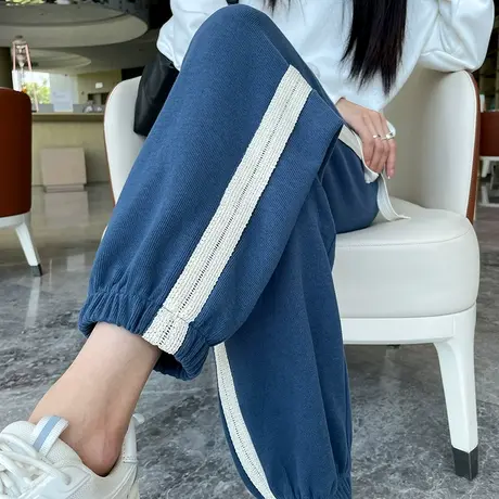 蓝色运动裤女束脚2024年春秋新款高腰宽松显瘦九分休闲哈伦卫裤潮商品大图