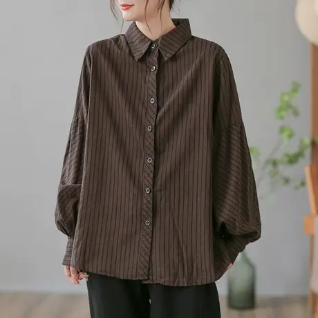 dza 复古竖条纹咖啡色长袖衬衫女士春秋新款宽松显瘦上衣短款衬衣图片