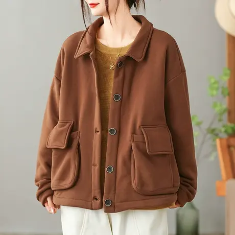 dza 复古翻领冬季加绒外套女士短款外穿口袋上衣宽松纽扣加厚外衣图片