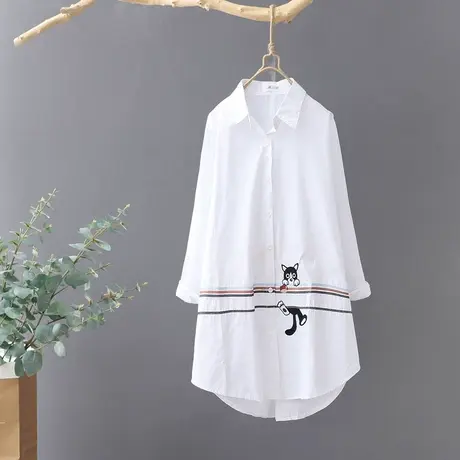 白色衬衫女设计感小众中长款纯棉衬衣文艺刺绣长袖春秋打底衫上衣商品大图