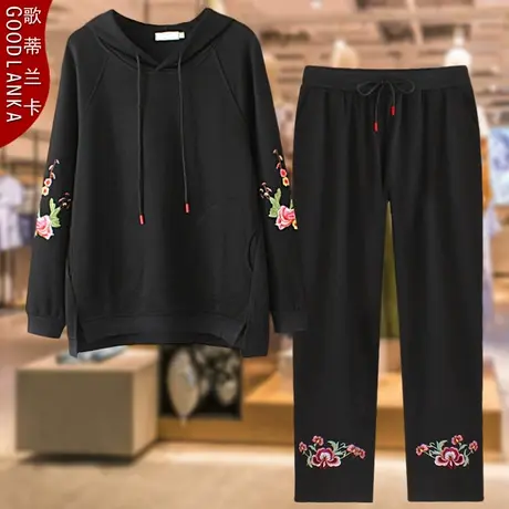 中年妈妈秋装新款中长款卫衣套装加肥加大码女中老年人卫裤两件套图片