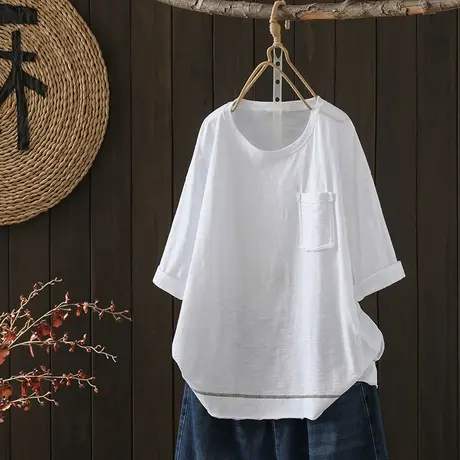 枫谜2023年夏季新款明线刺绣竹节棉圆领短袖宽松显瘦舒适百搭纯棉图片