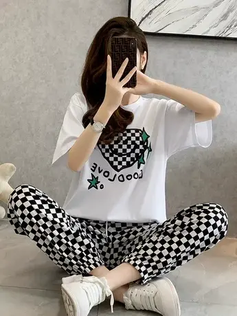 纯棉运动服套装女夏季薄款短袖时尚休闲长裤小个子网红炸街两件套商品大图