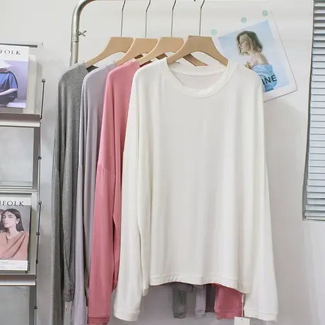 柔软垂感莫代尔t恤女春秋简约宽松大版面膜t圆领蝙蝠袖长袖防晒衣图片