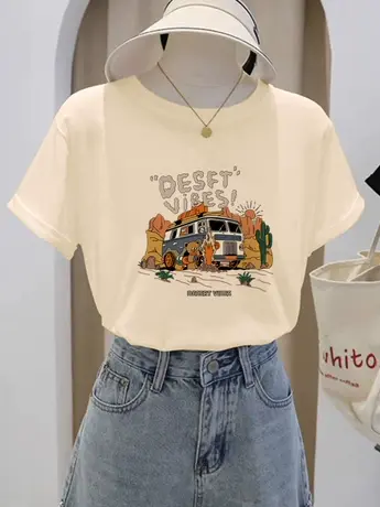 夏季仿棉短袖t恤女2023新款美式复古港味chic宽松卡通女装上衣服商品大图