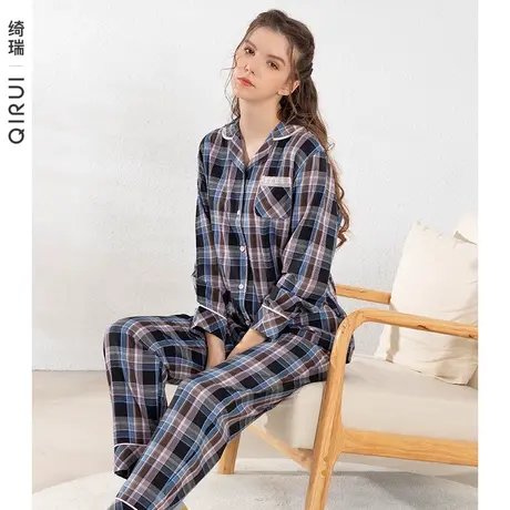 绮瑞睡衣女春秋季梭织棉开衫套装秋冬薄款格子棉家居服2022年新款图片