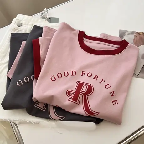 美式ins潮字母印花短袖T恤女夏季宽松显瘦拼色设计感小众纯棉上衣商品大图