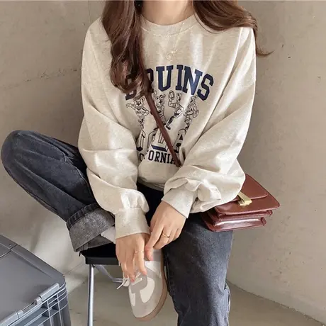 美式复古圆领卫衣女早秋薄款韩版宽松无帽外套潮ins学生百搭上衣商品大图