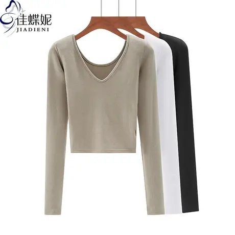 秋冬新款韩V领双面可穿短款纯欲修身纯色纯棉长袖体恤上衣内搭女商品大图